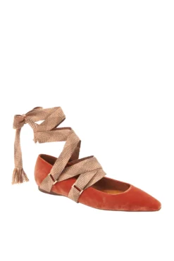 ULLA JOHNSON Arlo Ribbon Ballet Flat - Redwood -ULLA JOHNSON FA231017 RIBBON BALLET AMBER VELVET b r UPDATE
